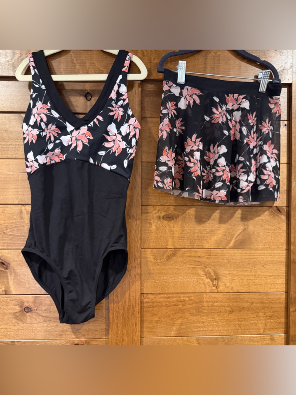 Bloch Mirella Black Leotard and Floral Skirt Set with Pink Accents - XS